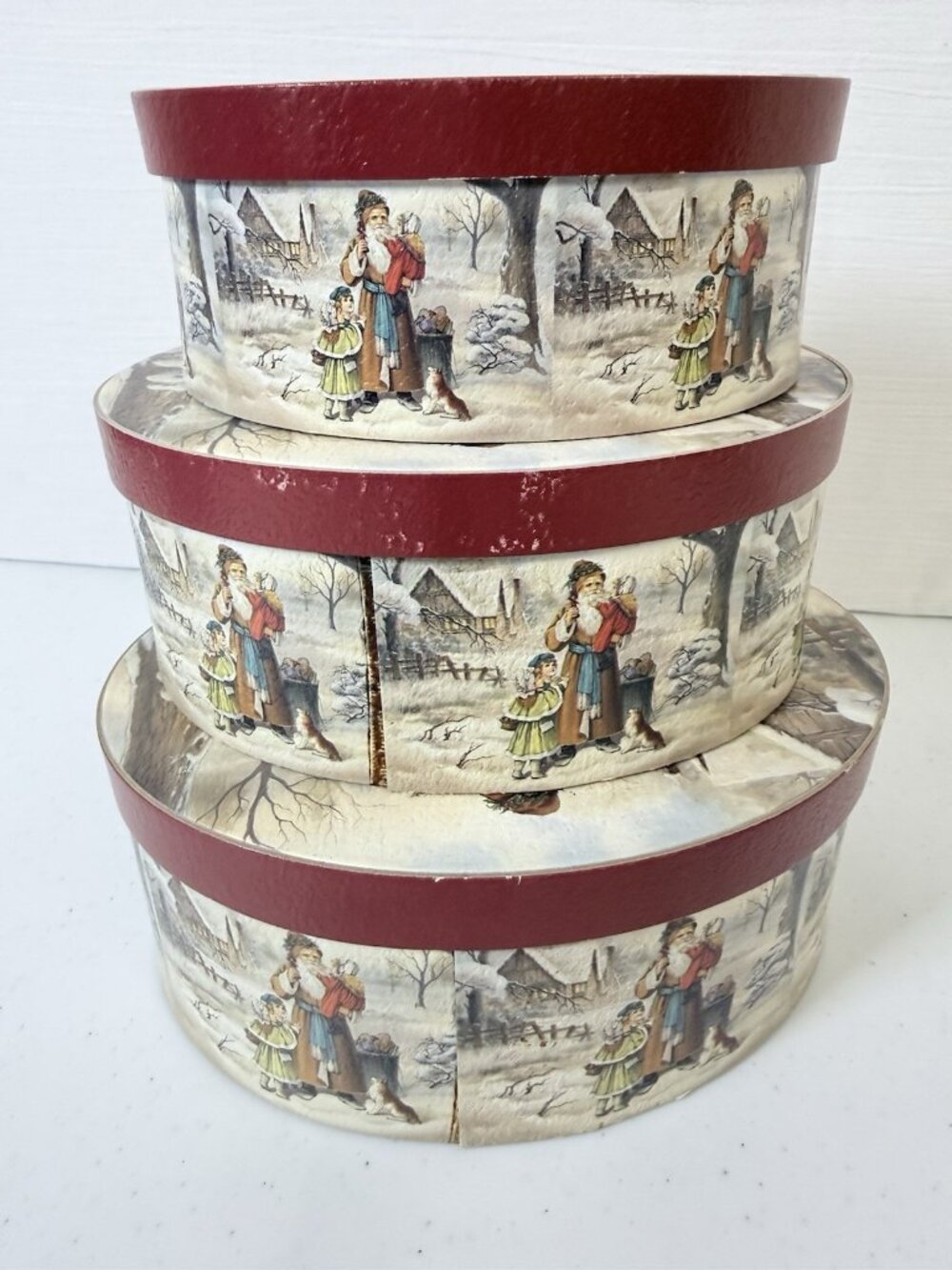 Set of 3 Nesting Boxes with Lids Old World Santa Winter Scene Vintage ROC Taiwan